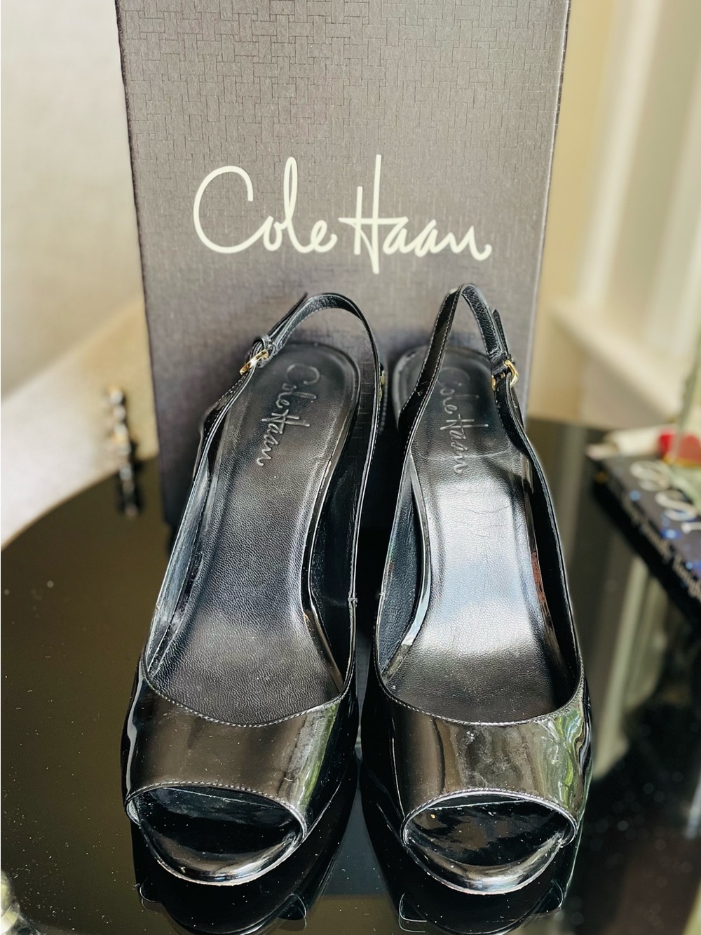 Cole Haan Black Patent Leather Slingback Peep-Toe Wedges